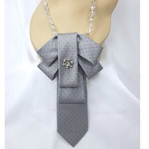 Artisan Vintage Silk Tie Pendant Crystal Beaded Necklace Calvin Klein Gray Sheen